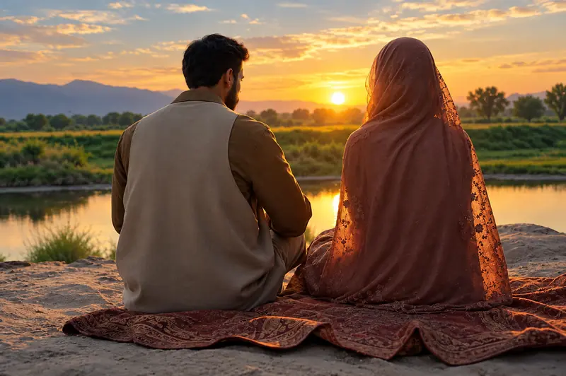A couple sitting side by side at sunset