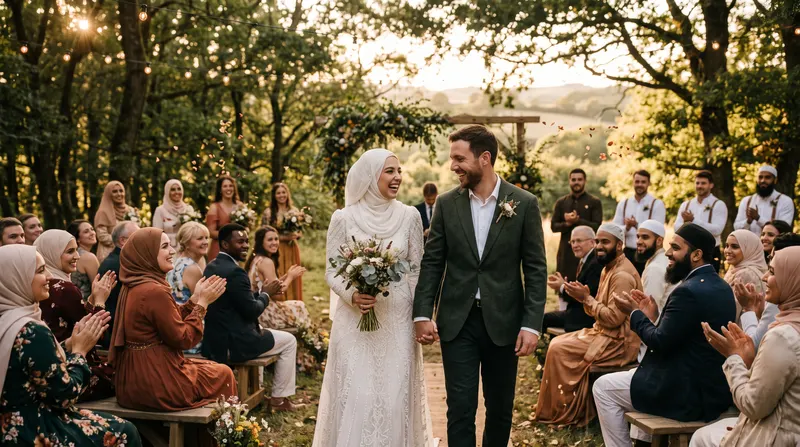 A bride and groom walking down the aisle while their families clap